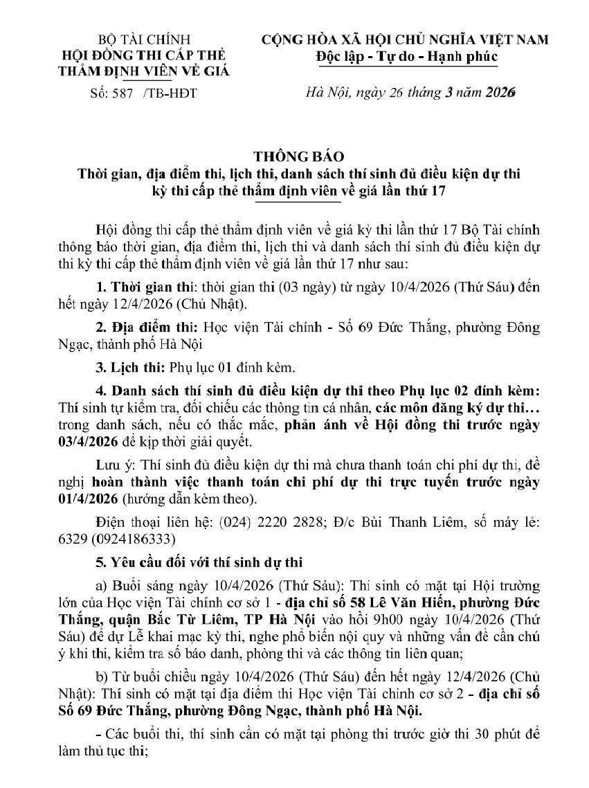 Thông báo về thời gian, địa điểm, lịch thi và danh sách thí sinh đủ điều kiện dự thi cấp thẻ thẩm định viên về giá lần thứ 17 của Bộ Tài chính