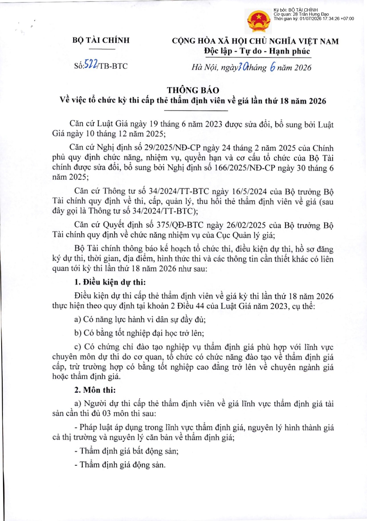 Bộ Tài chính thông báo kỳ thi thẻ thẩm định viên về giá lần thứ 8 năm 2026